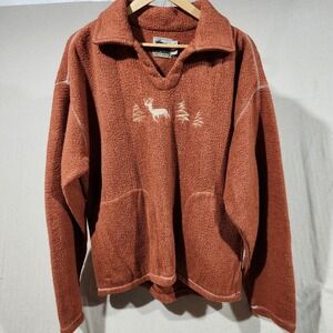 Cabin Fever Mens L Pullover Fleece Sweater Deer Embroidered Rust Orange